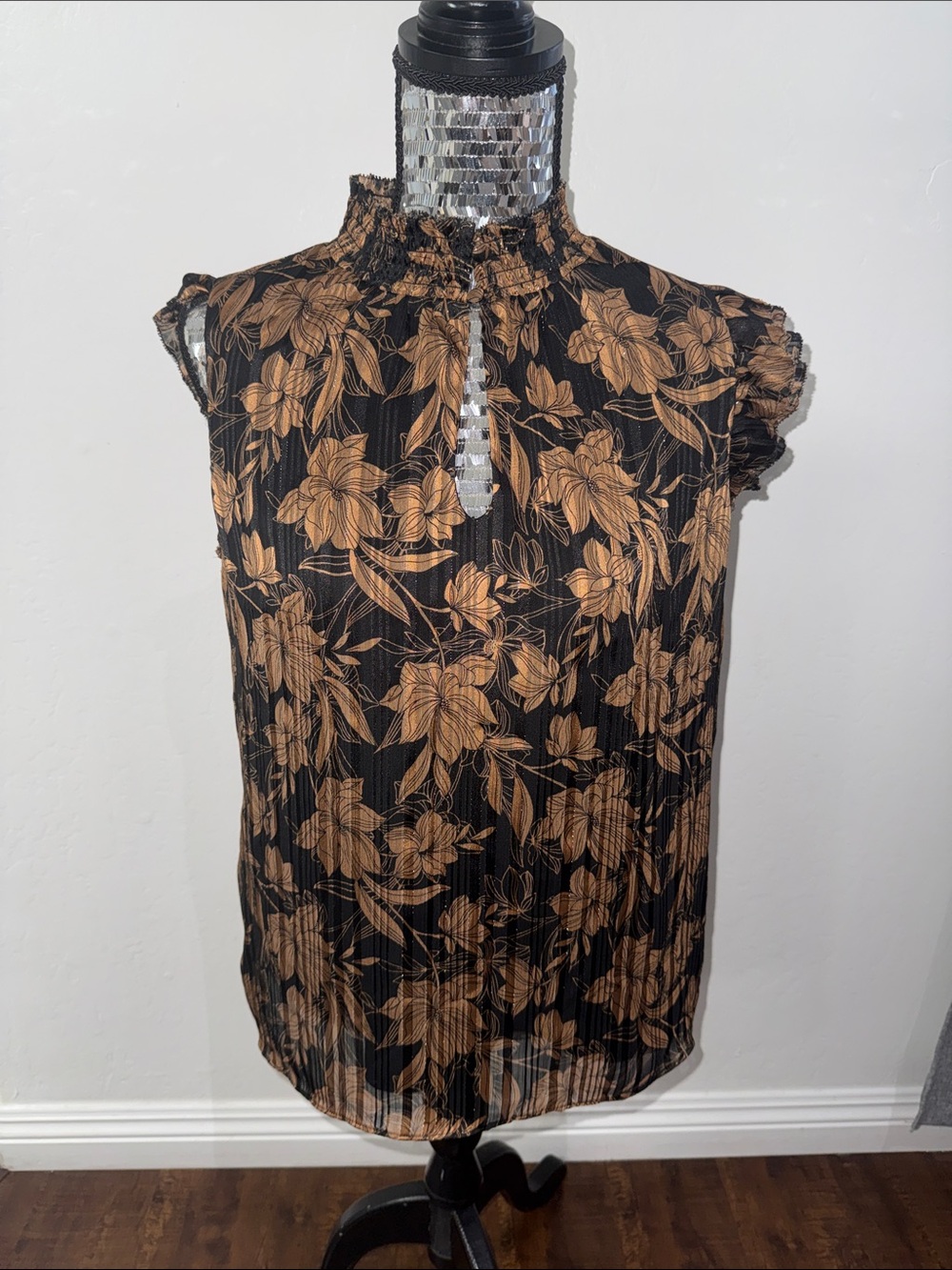 White House Black Market Black & Tan Floral Ruffled Mock-Neck Camisole